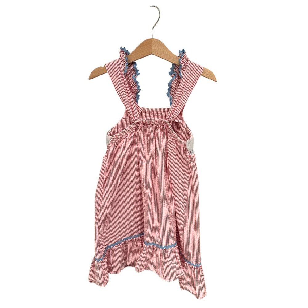 Shrimp & Grits Kids Red Striped Cotton Smocked Lobster Dress With Ruffle Straps - Picture 3 of 7